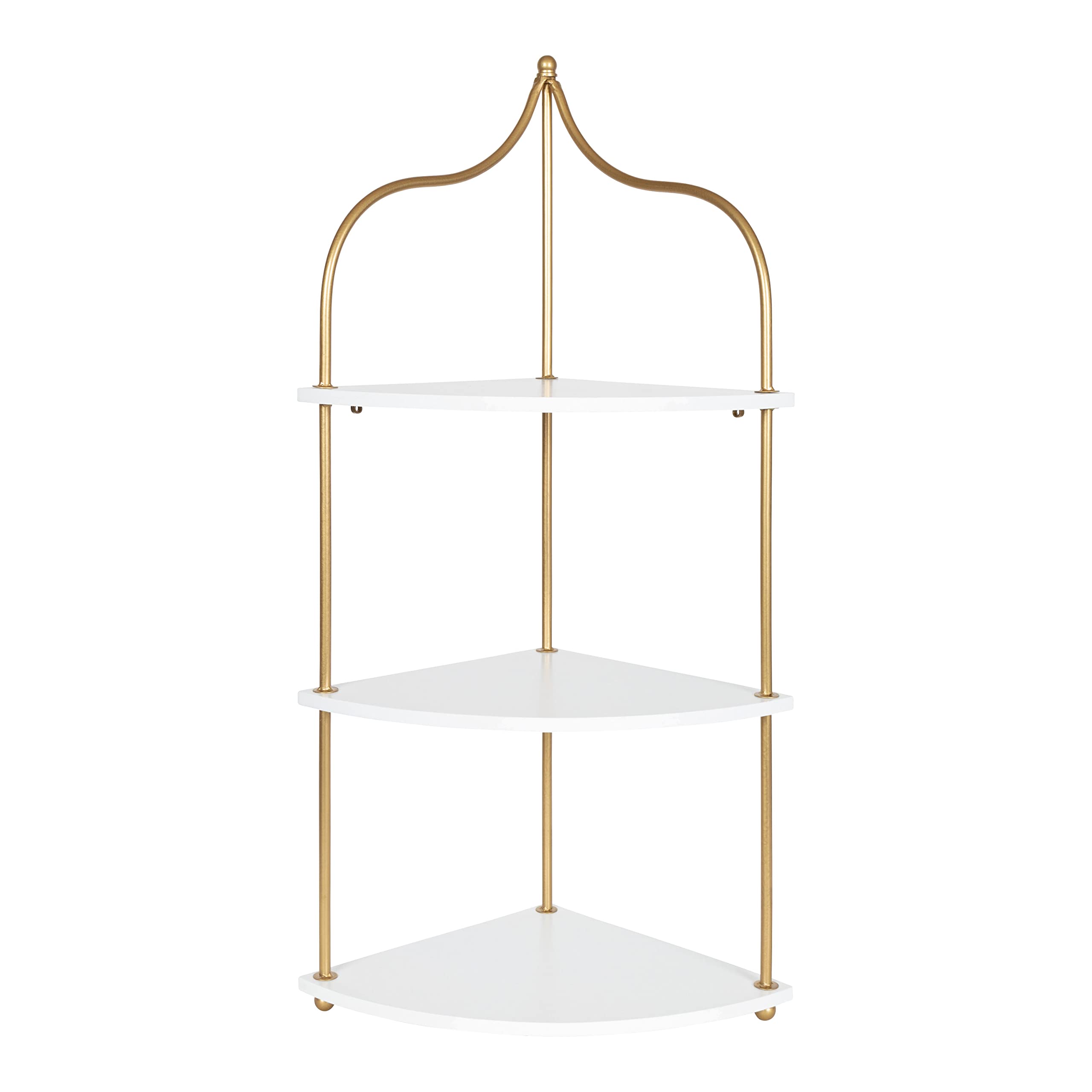 Kate and Laurel Walters Glam Wall Mounted Corner Shelf, 17 x 12 x 35, White and Gold, Decorative Three Tier Corner Wall Shelf for Storage and Display