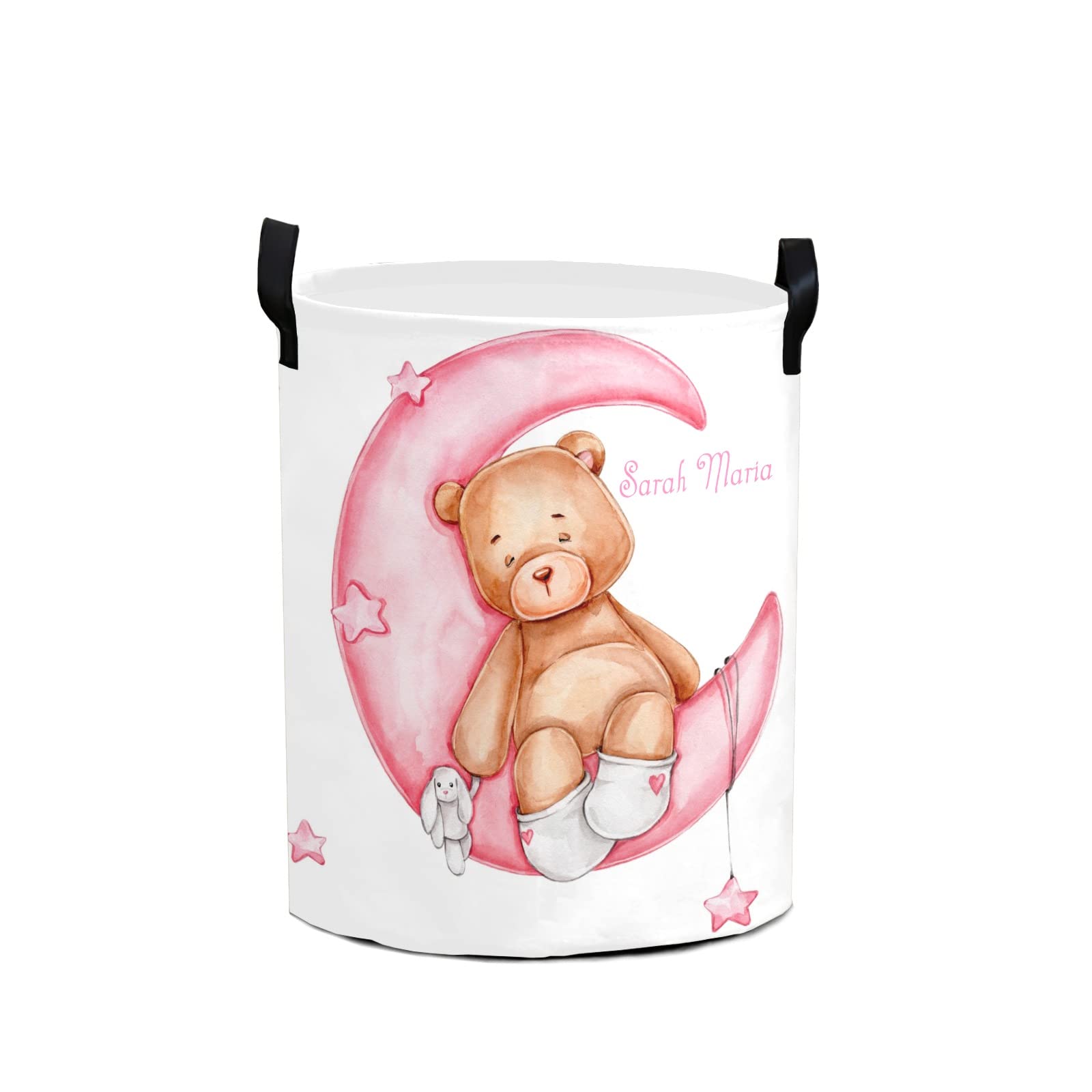 Teddy Bear Pink Moon Personalized Laundry Basket Clothes Hamper Storage Handle Waterproof, Custom Collapsible Large Capacity , for Bedroom Bathroom Toy Decoration