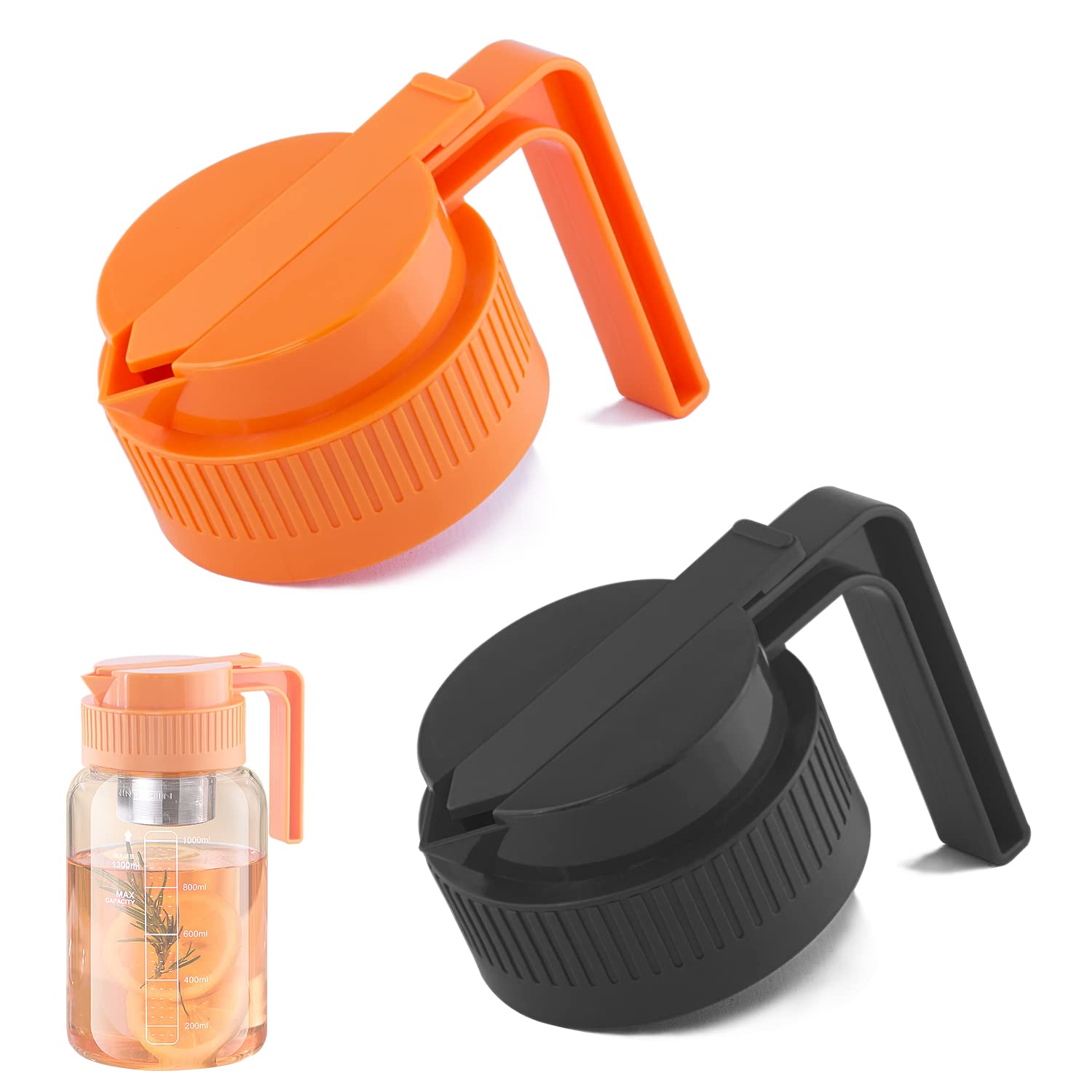 Wide Mouth Mason Jar Pour Spout Lids with Handle Plastic 2 Pack Drinking Lids Bulk Reusable, Mason Jar Pitcher, pancake maple syrup dispenser, salad dressing dispenser- Black&Orange (Jar Not Included