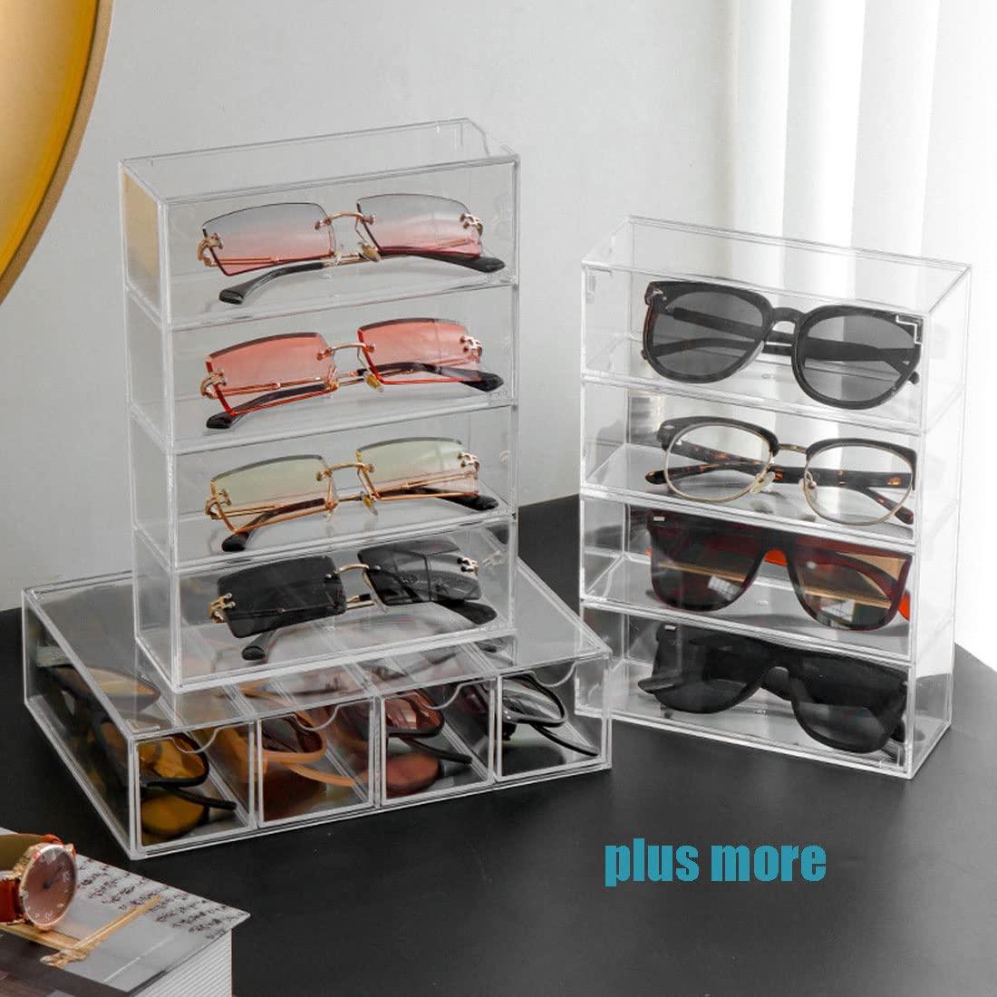 CLUQMEIK Acrylic Sunglasses Organizer with 4 Lid Drawer Organizer Rectang Supplies for Bathroom, Dorm, Desk, Countertop, Office (Transparent)