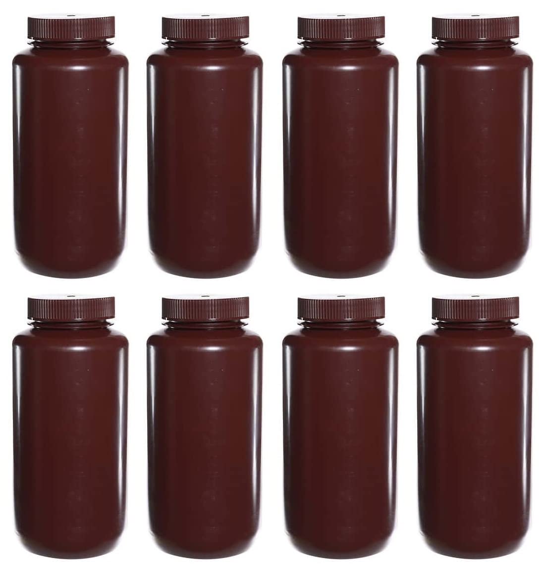 LUERFLEX 500ML 16OZ Amber Wide Mouth PP Plastic Reagent Bottles with Caps Pack of 8