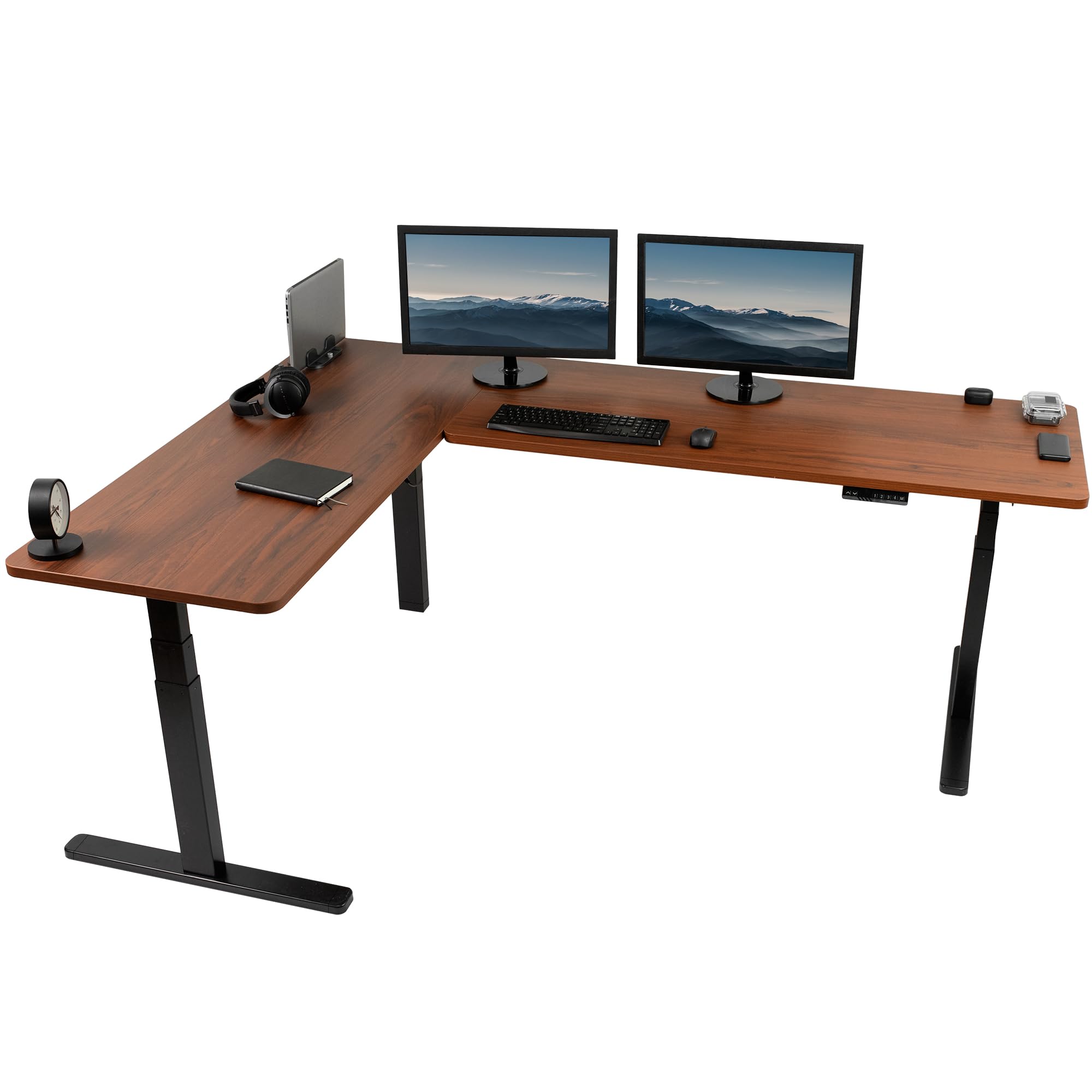 VIVO Electric Height Adjustable 83 x 60 inch Corner Stand Up Desk, 2 Dark Walnut Solid Table Tops, Black Frame, Memory Controller, L-Shaped Workstation, 3E Series, DESK-KIT-3E8D