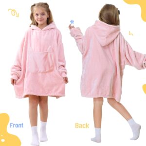 Aemilas Wearable Blanket Hoodie, Oversized Flannel Blanket Sweatshirt with Hood Pocket and Sleeves, Cozy Warm Plush Hooded Blanket for Kids Youth Boys Girls, One Size Fits All (Light Pink), Big Kid