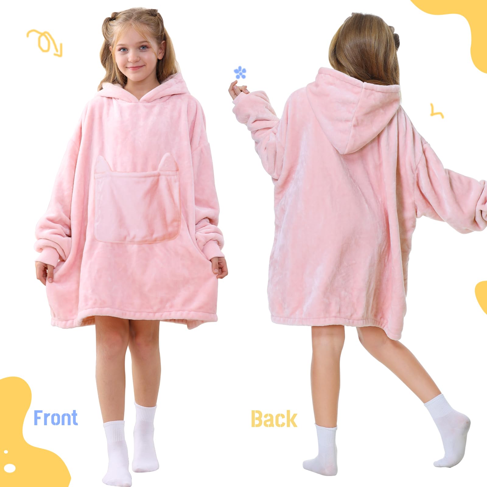 Aemilas Wearable Blanket Hoodie, Oversized Flannel Blanket Sweatshirt with Hood Pocket and Sleeves, Cozy Warm Plush Hooded Blanket for Kids Youth Boys Girls, One Size Fits All (Light Pink), Big Kid