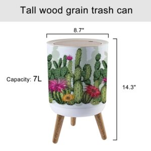 KCDCYCZEAL Botanical Trash Can with Lid Tropical Succulent Green Succulents Cactus Plants Flowers White Round Recycle Bin Press Top Dog Proof Wastebasket for Bedroom Nursery Kids Room 7L/1.8 Gallon