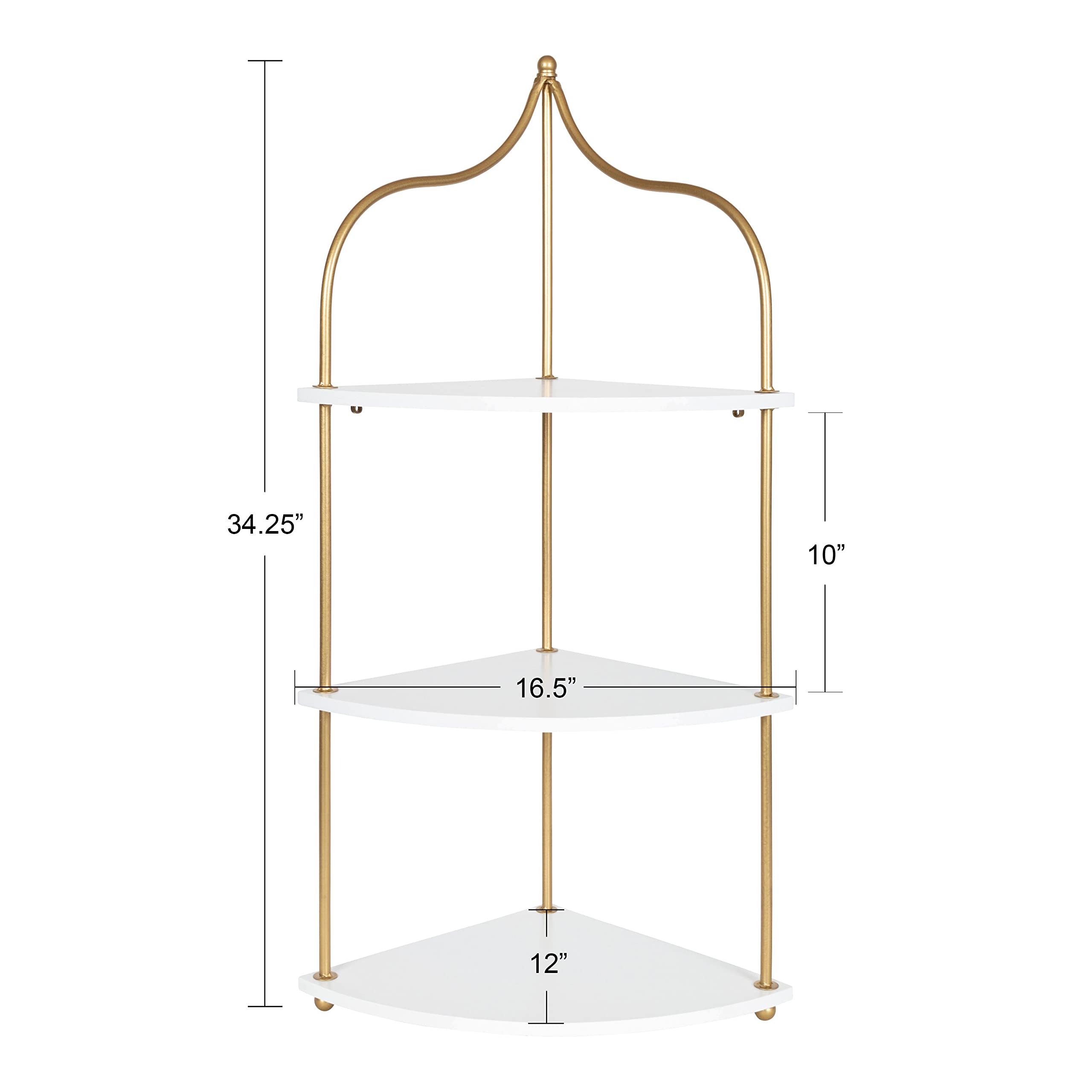 Kate and Laurel Walters Glam Wall Mounted Corner Shelf, 17 x 12 x 35, White and Gold, Decorative Three Tier Corner Wall Shelf for Storage and Display