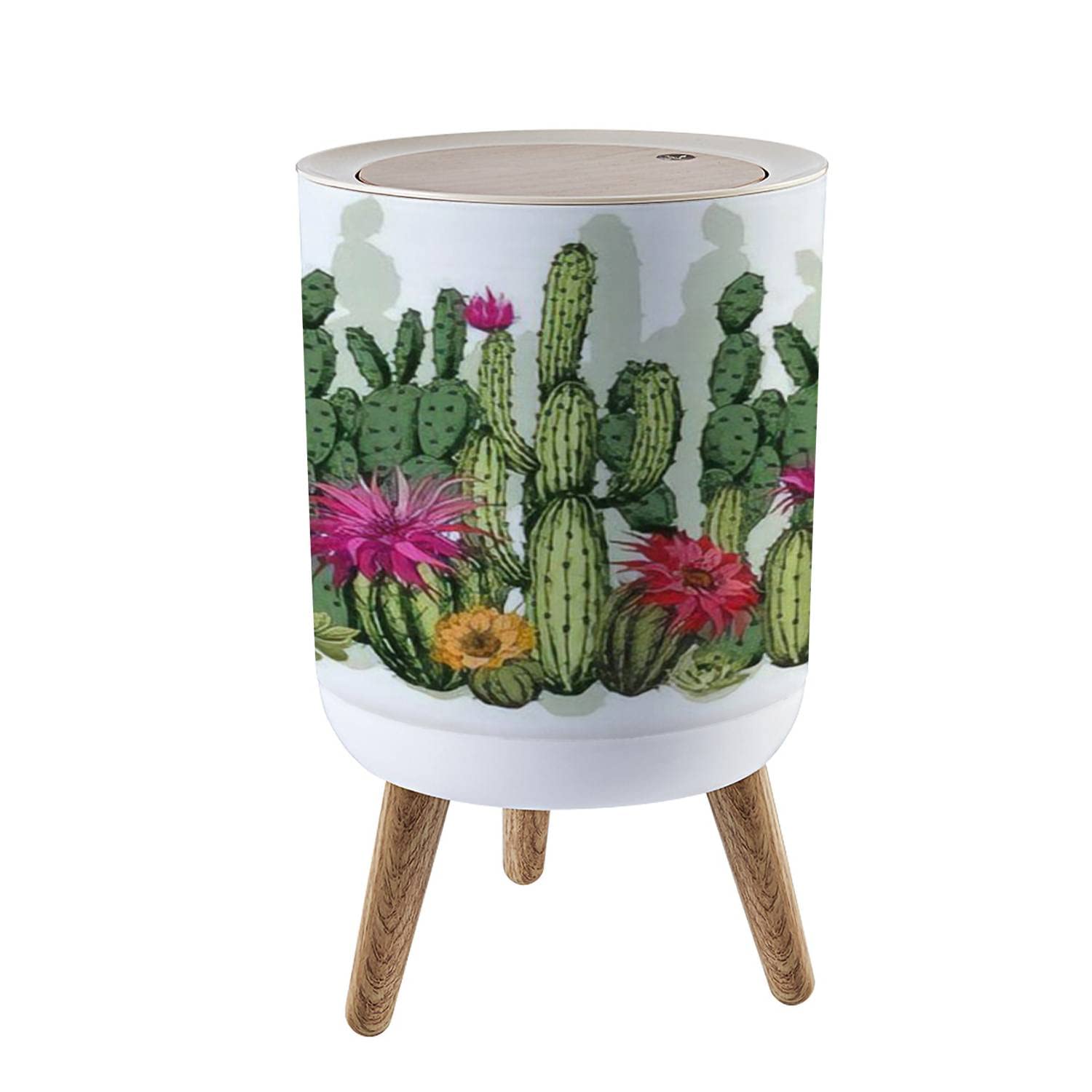 KCDCYCZEAL Botanical Trash Can with Lid Tropical Succulent Green Succulents Cactus Plants Flowers White Round Recycle Bin Press Top Dog Proof Wastebasket for Bedroom Nursery Kids Room 7L/1.8 Gallon