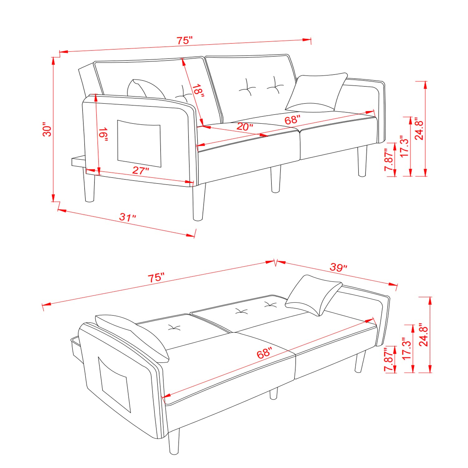 WILLIAMSPACE 75" Futon Sofa Bed, Convertible Sleeper Sofa with Magazine Bag, Small Splitback Sofa with Tapered Solid Wood Leg, Padded Seat and Back, Loveseat Couch for Living Room, Beige Fabric