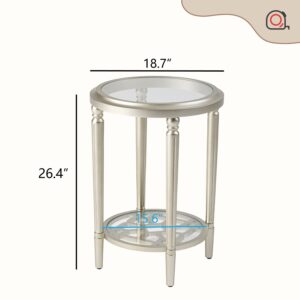 HOMPUS Modern End Table w Glass Top & Glass Shlef, 2 Tier Round Nightstand w Shlef, Wood Side Table Glass Small Accent Table for Living Room, Bedroom, Champagne