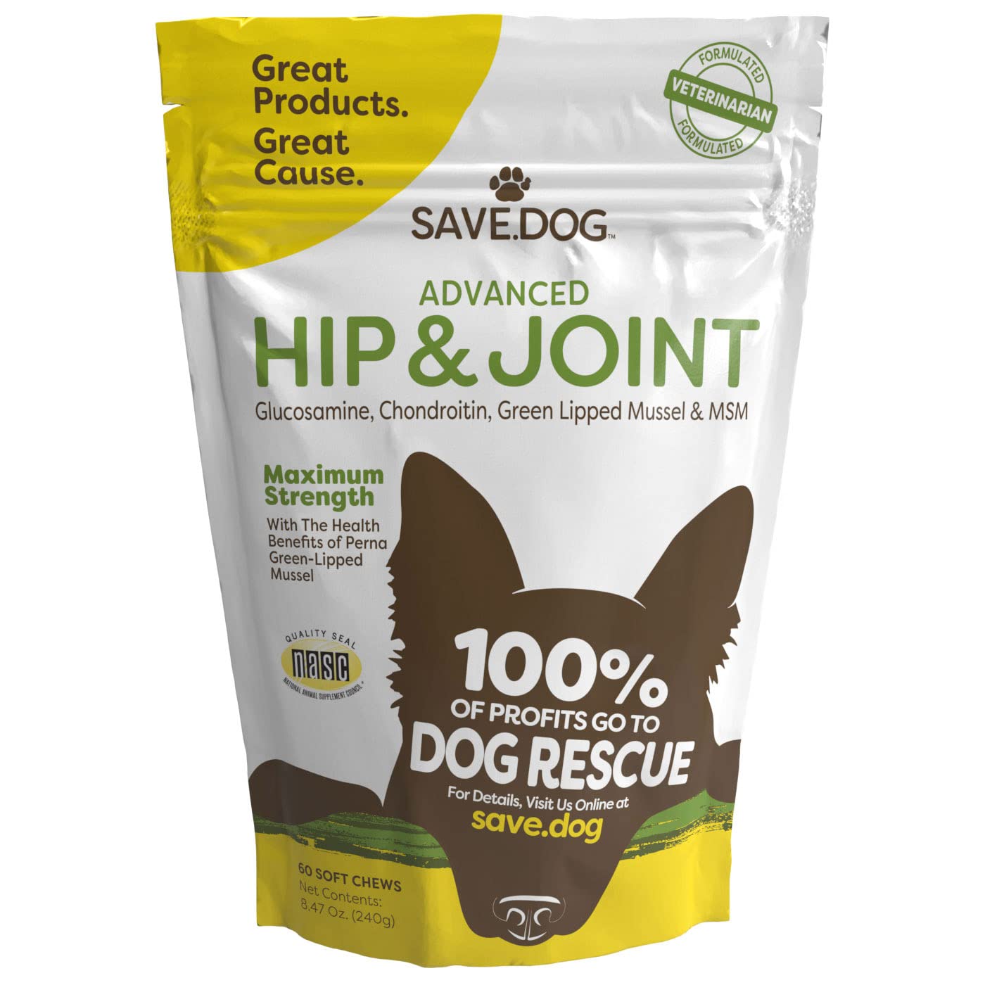 SAVE.DOG Chewable Hip and Joint Supplement for Dogs - with Glucosamine for Dogs Joint Pain Relief - Chondroitin MSM and Green Lipped Mussels for Dogs - Dog Supplement with a Cause (60 Chews)