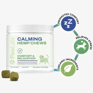 PAWLABS Calming Hemp Chews for Dogs - Relieve Anxiety & Stress - Organic Hemp, Chamomile, Protein Powder, Valerian Root - Natural Calming Aid - Vet Formulated, USA Made - Duck Flavor - 120 Count