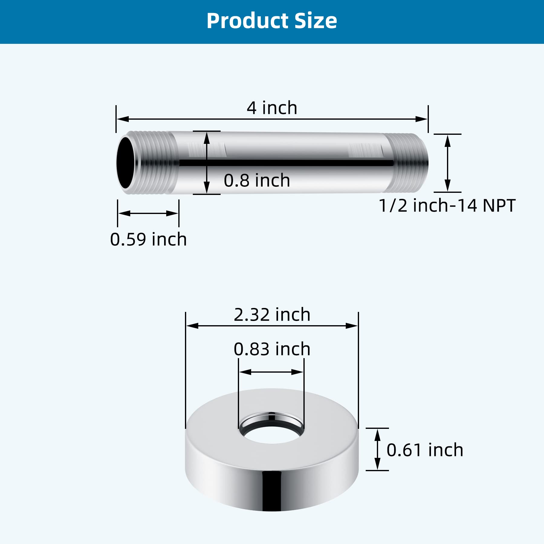 Hibbent All Metal Ceiling Mounted Shower Arm, 4 Inch Shower Head Extension Arm with Flange, Stainless Steel Straight Shower Arm For High Pressure Rain Shower Head, Shower Head Extender, Chrome