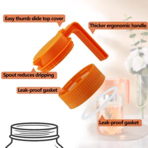 Wide Mouth Mason Jar Pour Spout Lids with Handle Plastic 2 Pack Drinking Lids Bulk Reusable, Mason Jar Pitcher, pancake maple syrup dispenser, salad dressing dispenser- Black&Orange (Jar Not Included