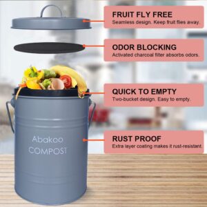 Abakoo Stainless Steel Compost Bin - Premium Grade 304 Stainless Steel Kitchen Composter - Includes 4 Charcoal Filter, Indoor Countertop Kitchen Recycling Bin Pail (1.0 Gallon (Galvanized))