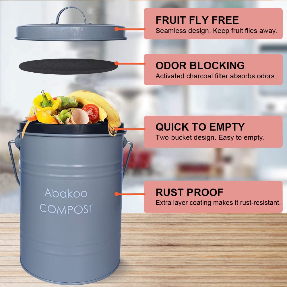 Abakoo Stainless Steel Compost Bin - Premium Grade 304 Stainless Steel Kitchen Composter - Includes 4 Charcoal Filter, Indoor Countertop Kitchen Recycling Bin Pail (1.0 Gallon (Galvanized))