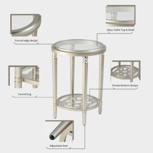 HOMPUS Modern End Table w Glass Top & Glass Shlef, 2 Tier Round Nightstand w Shlef, Wood Side Table Glass Small Accent Table for Living Room, Bedroom, Champagne