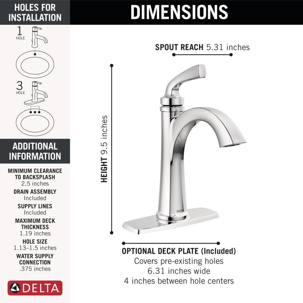 Delta Faucet Geist Single Hole Bathroom Faucet, Chrome Bathroom Faucets for Sink 1 Hole, Bathroom Sink Faucet, Faucet for Bathroom Sink, Drain Assembly Included, Chrome 15864LF