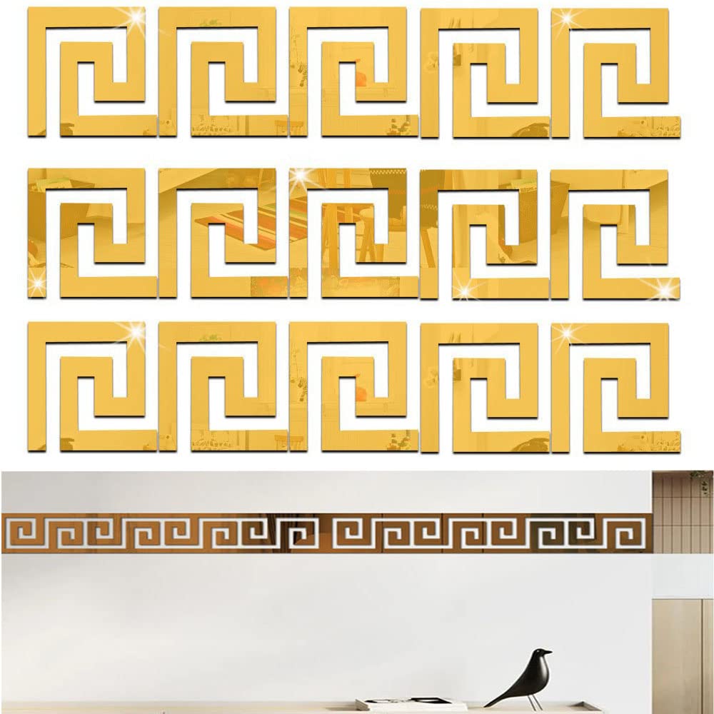 Lubise 32Pcs Gold DIY Mirror Stickers Removable Adhensive Wall Stickers Decals for Home Art Room Bedroom Background Decoration (Geometric Greek Key Pattern)