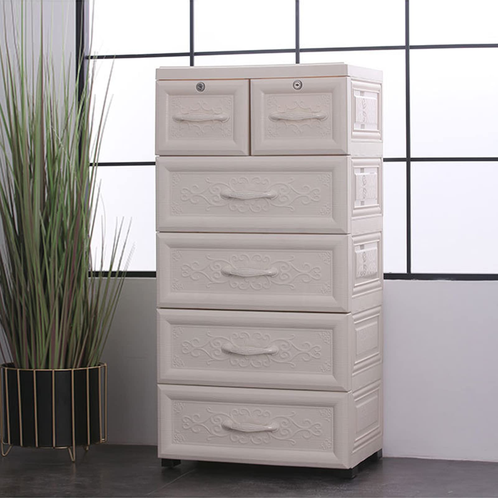 Plastic Drawers Dresser, Storage Cabinet with 6 Drawers, Closet Drawers Tall Dresser Organizer for Clothes,Playroom,Bedroom Furniture, 4 Wheels, 2 Locks, 100lbs Load Capacity(White)