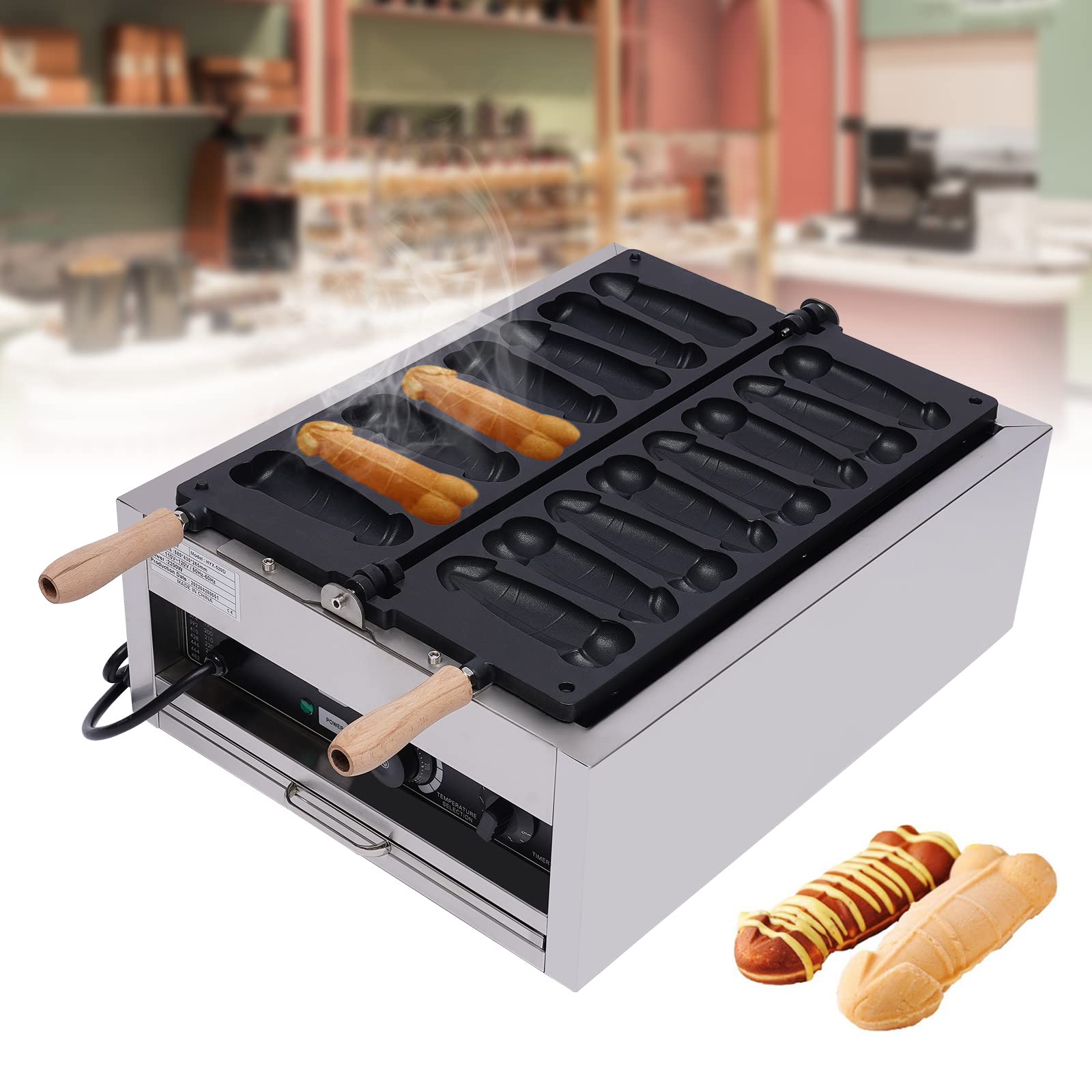 LOYALHEARTDY 8PCS Penis Shape Waffle Maker Commercial Waffle Maker Machine 2200W 110V Non-stick Electric Waffle Stick Machine Hot Dog Baker Great Choice for Bakery, Restaurant Silver and Black