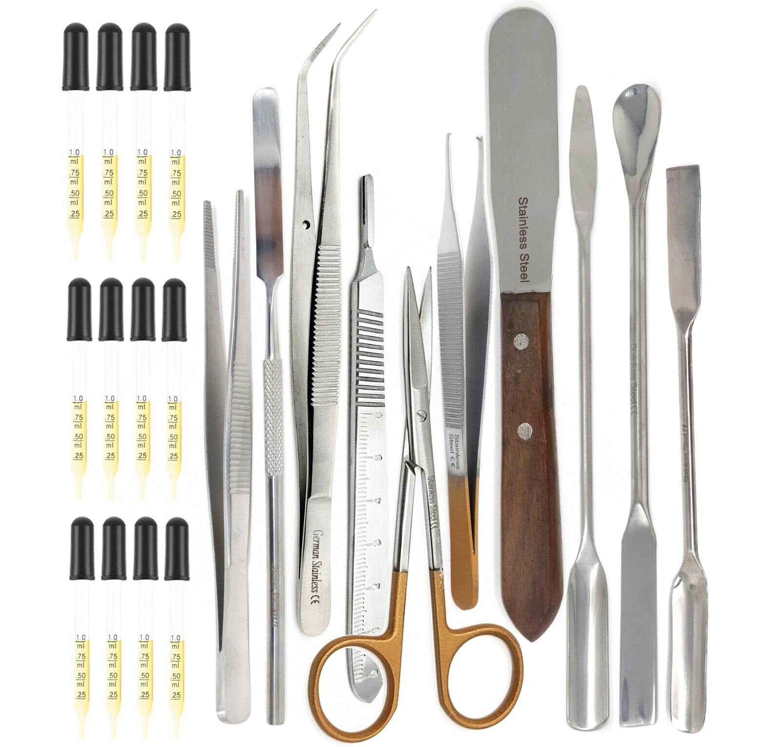 22 PCS Science Lab Micro Spatula Tweezer Sampler Set, Stainless Steel MutliPurpose Laboratory Sampling Mixing Pipette Set