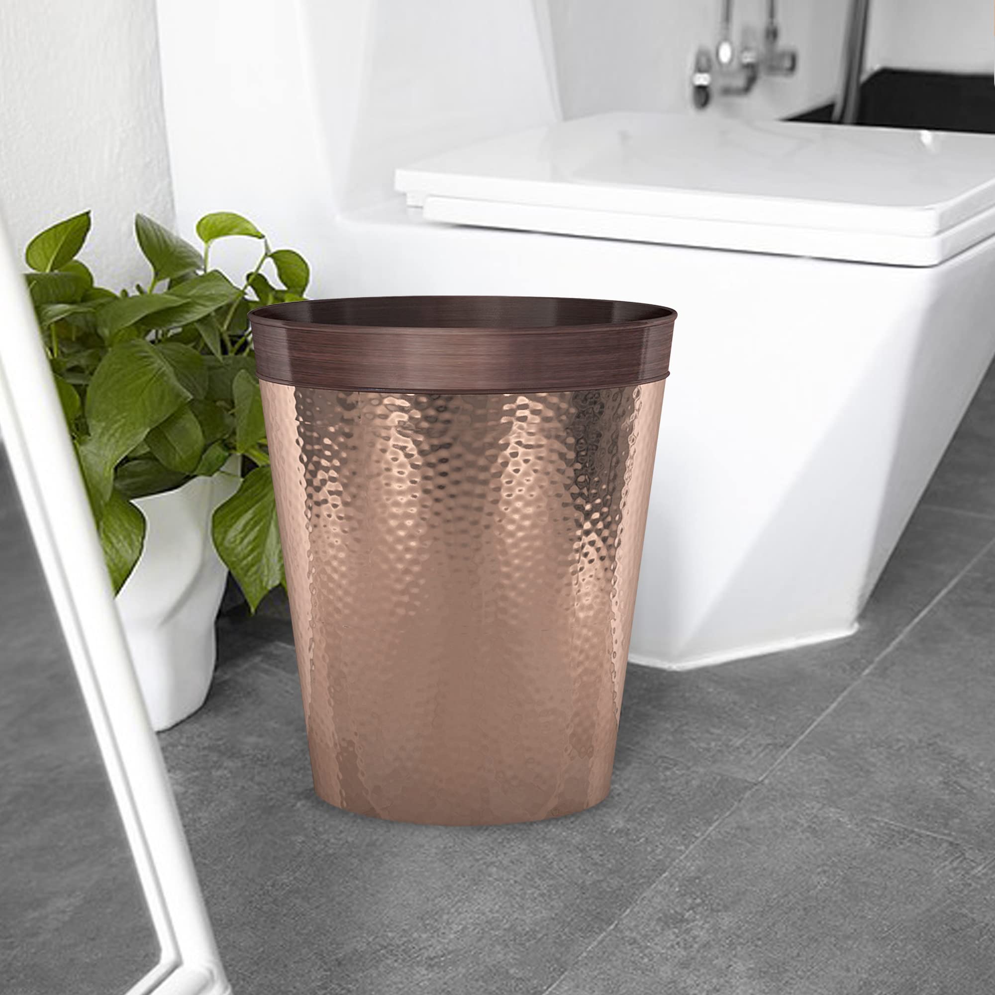 nu steel Set of 2 Round Metal Small 2.5 Gallon Recycle Trash Can Wastebasket, Garbage Container Bin for Bathrooms, Kitchen, Bedroom, Home Office - Durable Stainless Steel - Copper Band ORB Finish