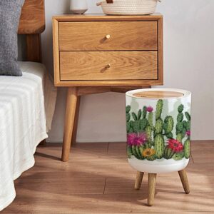 KCDCYCZEAL Botanical Trash Can with Lid Tropical Succulent Green Succulents Cactus Plants Flowers White Round Recycle Bin Press Top Dog Proof Wastebasket for Bedroom Nursery Kids Room 7L/1.8 Gallon