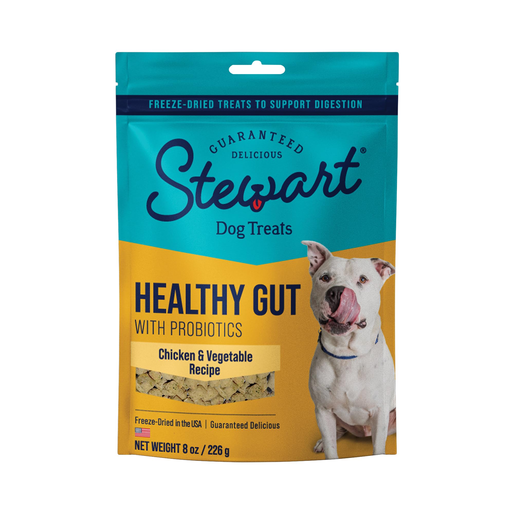 Stewart Freeze Dried Dog Treats, Healthy Gut Chicken & Vegetable, Gut Health Probiotics, Grain Free, 8 Ounce Resealable Pouch, Made in USA