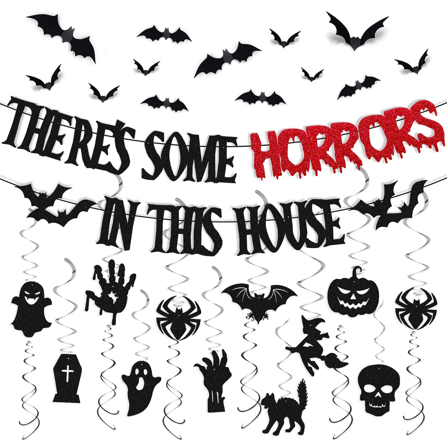 44 PCS Halloween Party Decorations There's Some Horrors In This House Banner 3D Bats Wall Decor Horrible Ghost Pumpkin Witch Spider Tumbstone Cat Hand Theme Hainging Swirl for Girl Boy Party Supplies