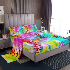 feelyou kids baseball bedding set boys girls softball sports game bed sheet set girly colorful tie dye fitted sheet teens men baseball gaming bed cover rainbow room decor twin size 3pcs bedding sheet