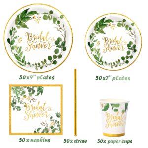 Bridal Shower Decorations Gold and Green Wedding Shower Plates and Napkins Party Supplies for Engagement Wedding the Bride-To-Be Bachelorette Party Favors, Serves 50 Guests