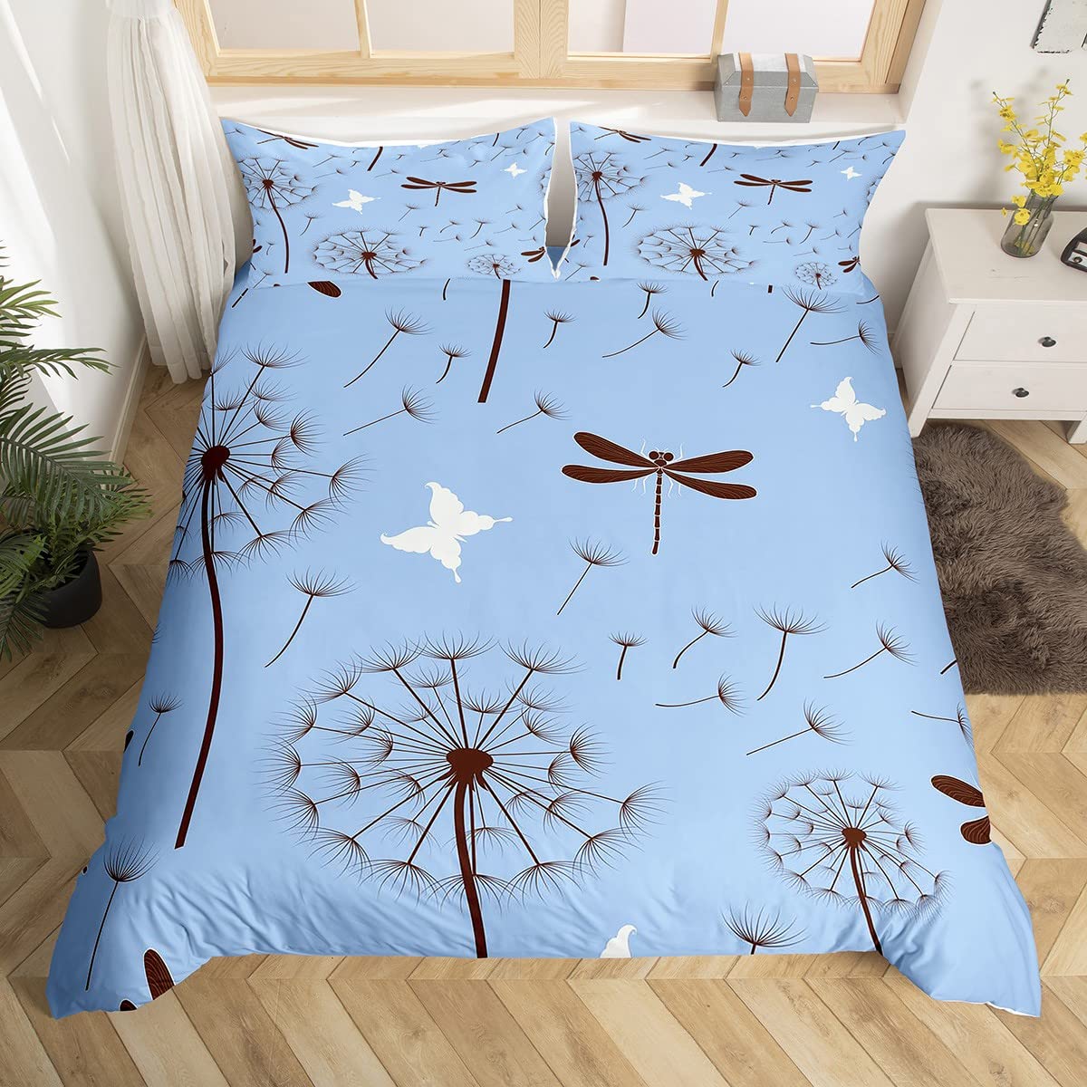 Erosebridal Dragonfly Gifts for Women,Dandelion Duvet Cover Butterfly Dragonflies Bedding Set for Lady Girls Flowers Comforter Cover Botanical Weed Bed Set Rustic Aesthetic Animal Room Decor Twin