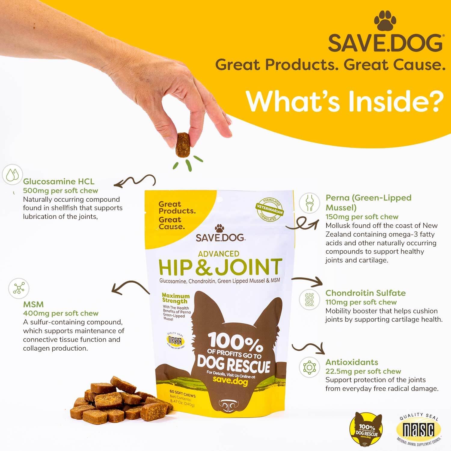 SAVE.DOG Chewable Hip and Joint Supplement for Dogs - with Glucosamine for Dogs Joint Pain Relief - Chondroitin MSM and Green Lipped Mussels for Dogs - Dog Supplement with a Cause (60 Chews)