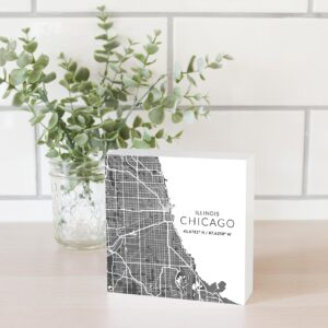 Minimalistic Chicago Map, JoyRide Home Decor Wood Block Sign, 5"x5" Freestanding, Shelf or Wall Displayed, Artist Designed Home Décor.