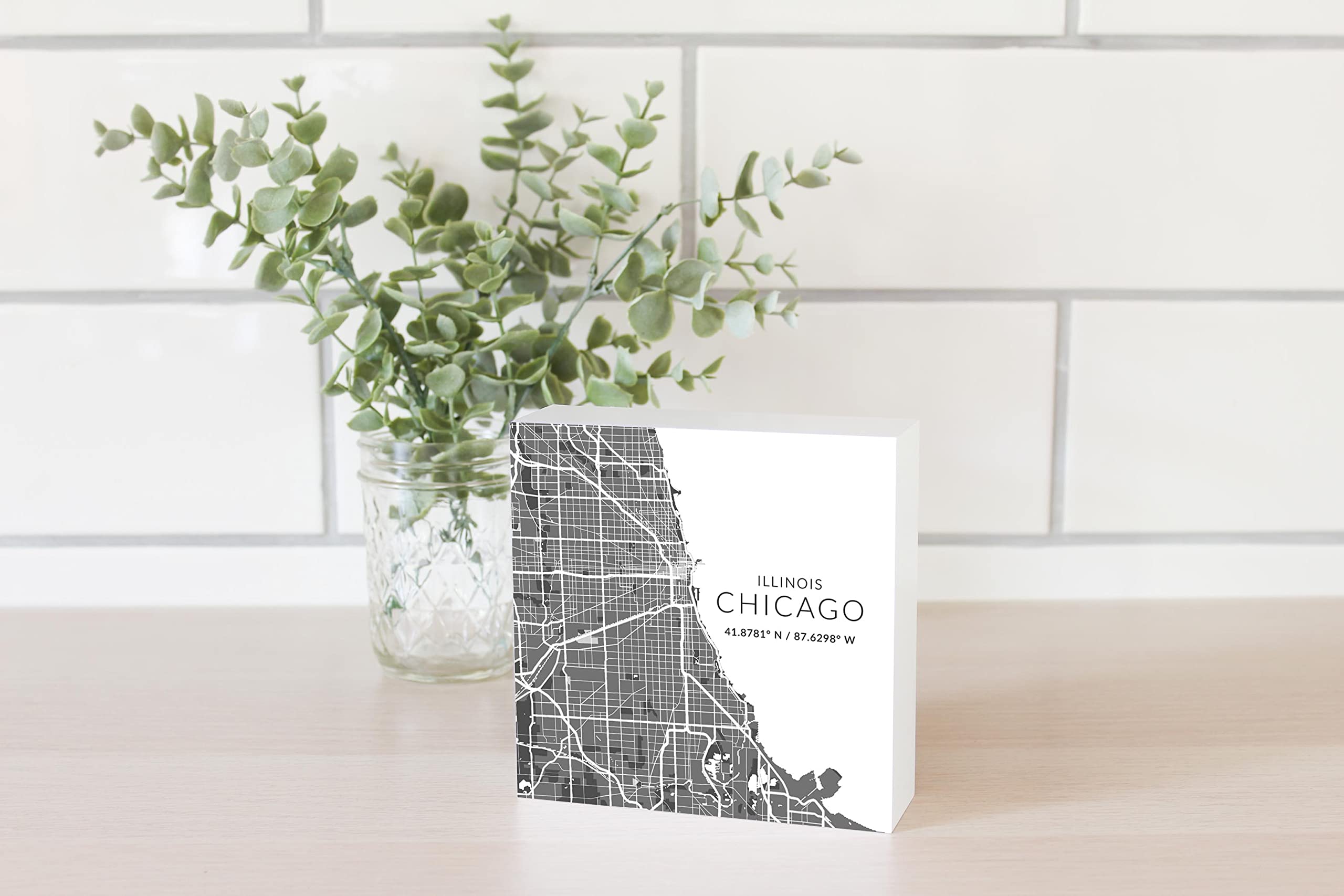 Minimalistic Chicago Map, JoyRide Home Decor Wood Block Sign, 5"x5" Freestanding, Shelf or Wall Displayed, Artist Designed Home Décor.