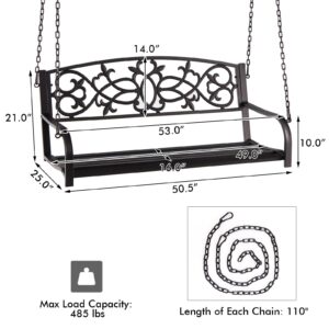 Tangkula 2 Person Porch Swing, Hanging Patio Swing Bench with Chains, Backrest & Armrests, Classic Outdoor Metal Swing Chair with Floral Pattern for Garden, Deck, Backyard (Brown)