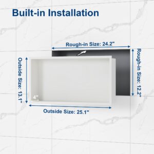 Neodrain No Tile Shower Niche, White Shower Niche Bathroom Shelf, (Outside Size 25.1"x13.1") (Inner Size 24" X 12" X 4"), NO Tile Needed Recessed Niche Shower for Storage