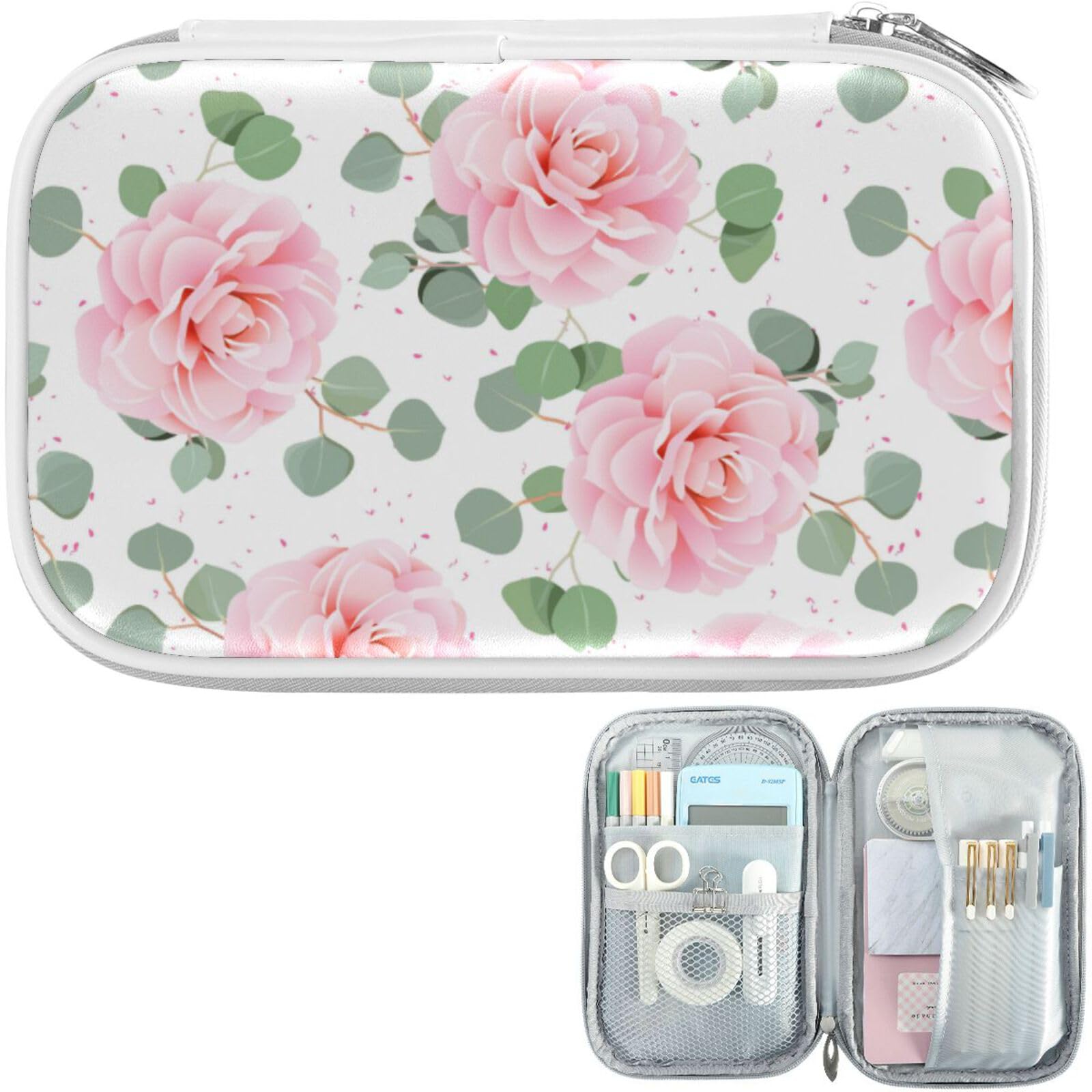 ZZKKO Pink Camellia Marble Pencil Bag Case Zipper Pencil Holder Organizer Stationary Pen Bag Cosmetic Makeup Bag Pouch Purse for School Office Supplies