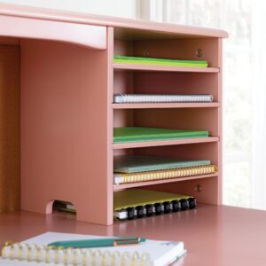 Guidecraft Kids Media Desk, Hutch and Chair Set - Pink: Student's Computer Desk with Storage Shelves and Corkboard, Kids Wooden Bedroom Furniture Set, Girls Study Desk