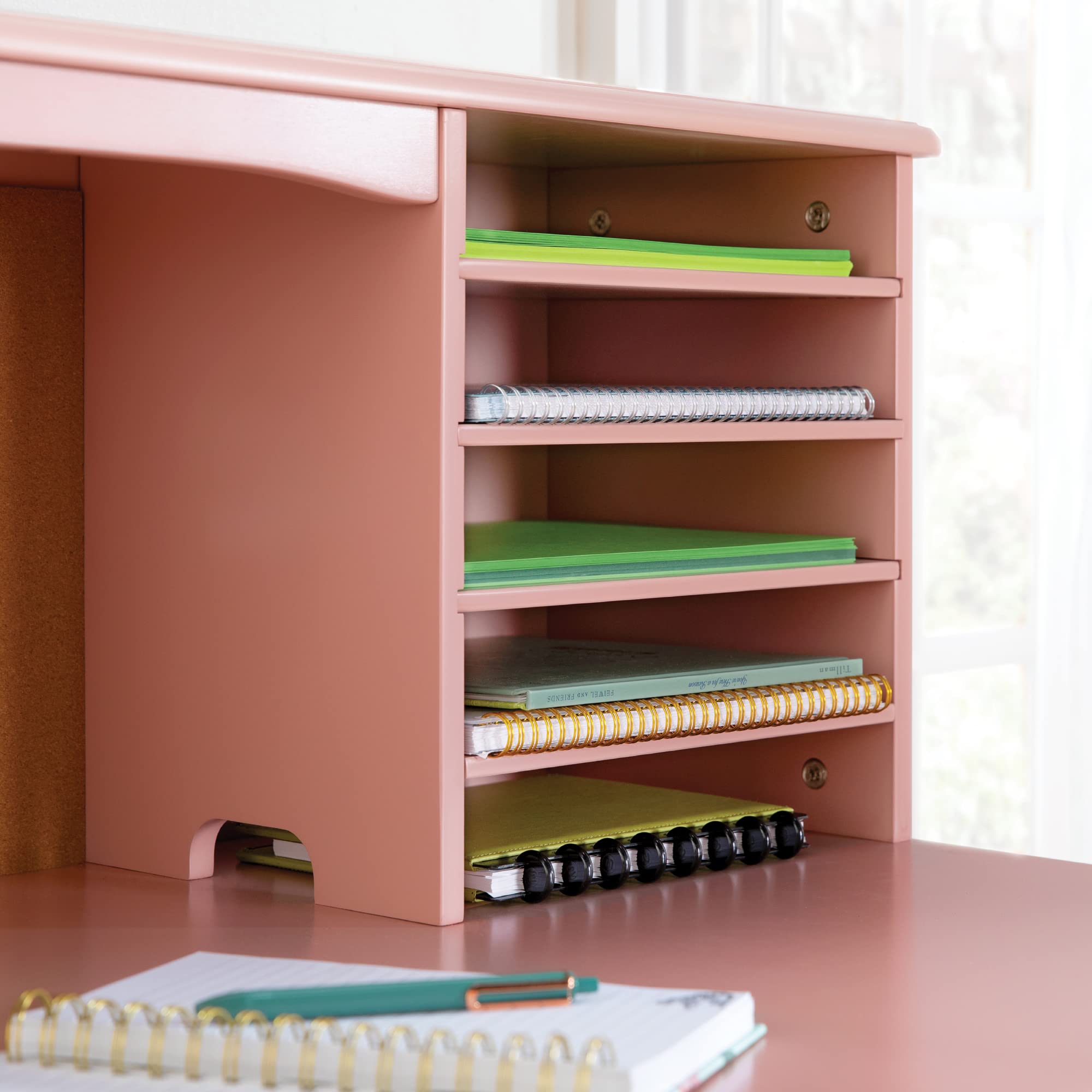 Guidecraft Kids Media Desk, Hutch and Chair Set - Pink: Student's Computer Desk with Storage Shelves and Corkboard, Kids Wooden Bedroom Furniture Set, Girls Study Desk