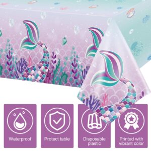 3 Pieces Mermaids Tablecloth, Sea Theme Party Table Covers Disposable Printed Plastic Waterproof Washable Table Cloth Supplies for Kids Girls Birthday Baby Shower Party Decoration, 54 x 108 Inch