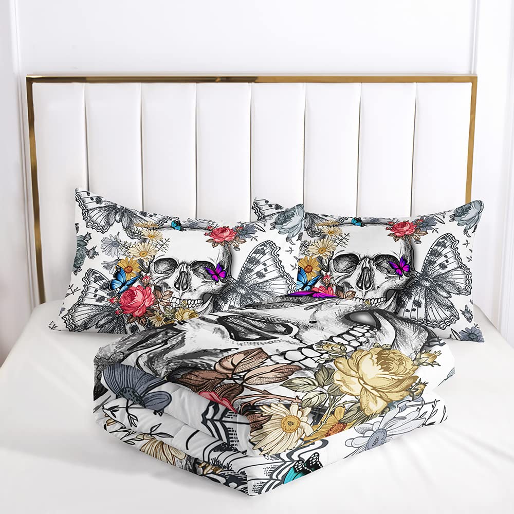 DYcolor 3D Gothic Flower Butterfly Skull Quilt, 3-Piece Flying Skeleton Butterfly Skull Comforter Set with 1 Comforter and 2 Pillow Cases for Kids, Teens, Adults (White, Queen)