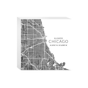 Minimalistic Chicago Map, JoyRide Home Decor Wood Block Sign, 5"x5" Freestanding, Shelf or Wall Displayed, Artist Designed Home Décor.