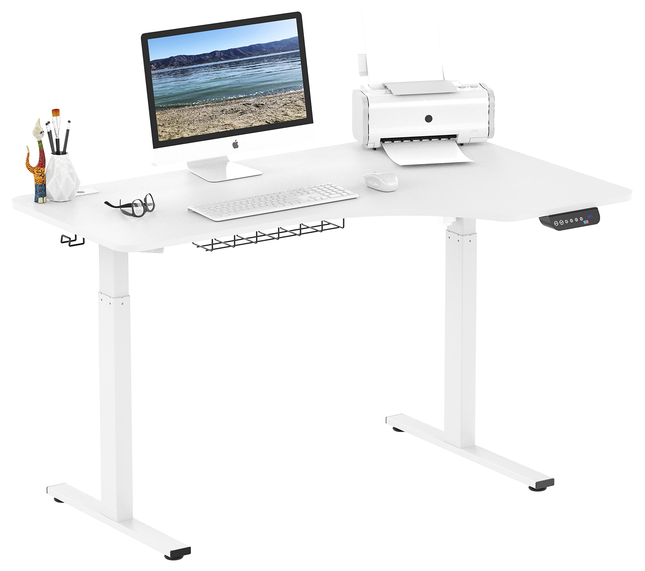 SHW 55-Inch L-Shaped Electric Height Adjustable L-Shaped Standing Desk with Right Facing Corner, White