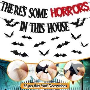 44 PCS Halloween Party Decorations There's Some Horrors In This House Banner 3D Bats Wall Decor Horrible Ghost Pumpkin Witch Spider Tumbstone Cat Hand Theme Hainging Swirl for Girl Boy Party Supplies