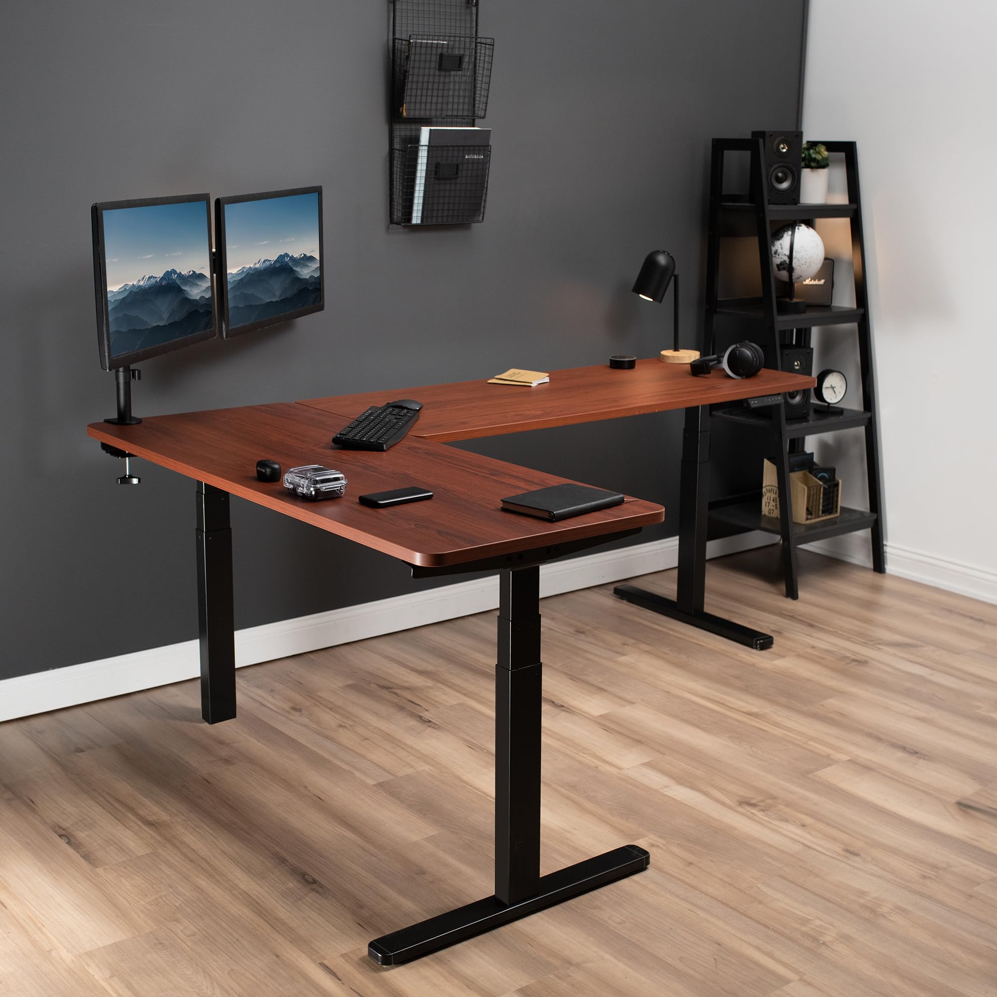 VIVO Electric Height Adjustable 83 x 60 inch Corner Stand Up Desk, 2 Dark Walnut Solid Table Tops, Black Frame, Memory Controller, L-Shaped Workstation, 3E Series, DESK-KIT-3E8D