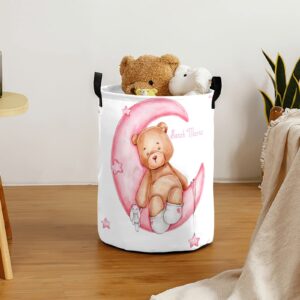 Teddy Bear Pink Moon Personalized Laundry Basket Clothes Hamper Storage Handle Waterproof, Custom Collapsible Large Capacity , for Bedroom Bathroom Toy Decoration