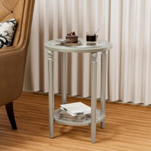 HOMPUS Modern End Table w Glass Top & Glass Shlef, 2 Tier Round Nightstand w Shlef, Wood Side Table Glass Small Accent Table for Living Room, Bedroom, Champagne