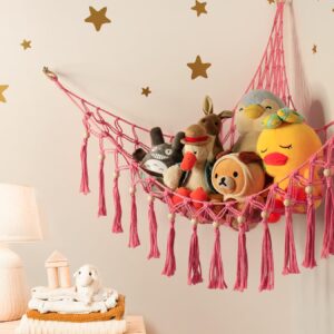 Stuffed Animal Storage Hammock Corner with LED Light - Toy Hanging Organizer Plushie Net - Pink Room Decor for Teen Girls - Cute Bedroom Aesthetic Nursery Kids Baby Toddler