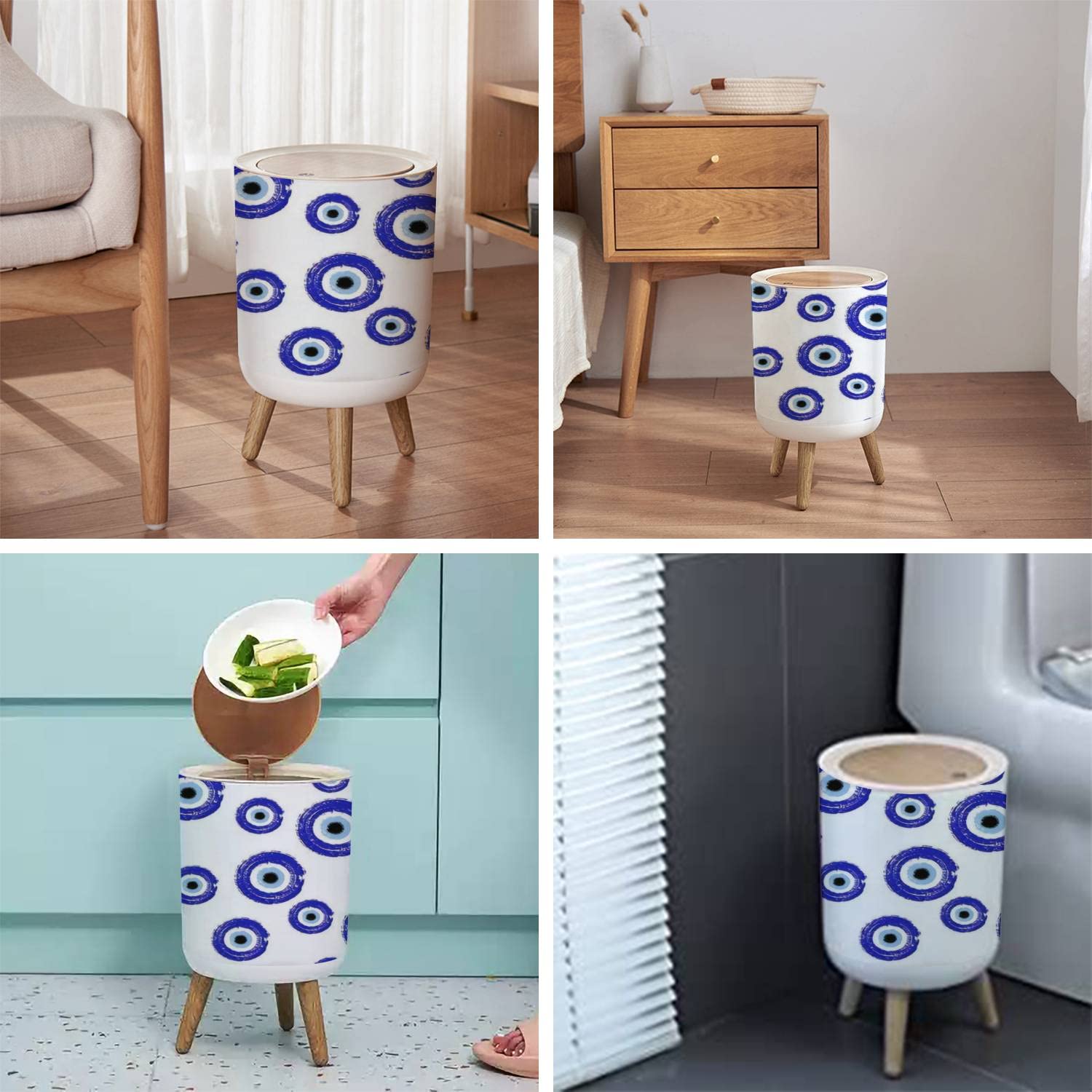 Small Trash Can with Lid for Bathroom Kitchen Office Diaper Blue Turkish evil eye seamless Greek evil eye Symbol protection Turkey Bedroom Garbage Trash Bin Dog Proof Waste Basket Cute Decorative